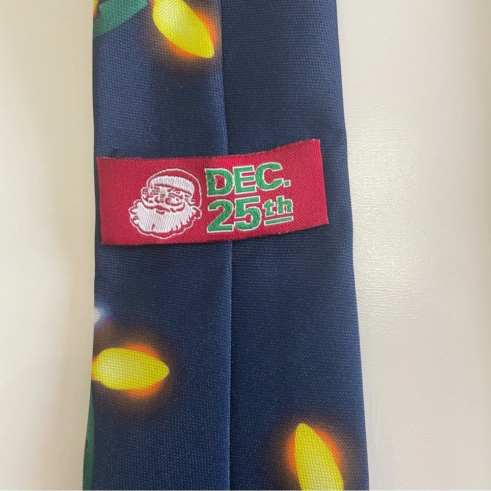Festive Thin Navy Tie with Holiday Lights Christmas Novelty Party White Elephant